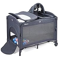 5-in-1 Pack and Play, Baby Bedside Sleeper with Bassinet, Portable Crib, Diaper Changer, Playard and Hanging Toy, Nursery Center from Newborns to Toddlers, Deep-Grey