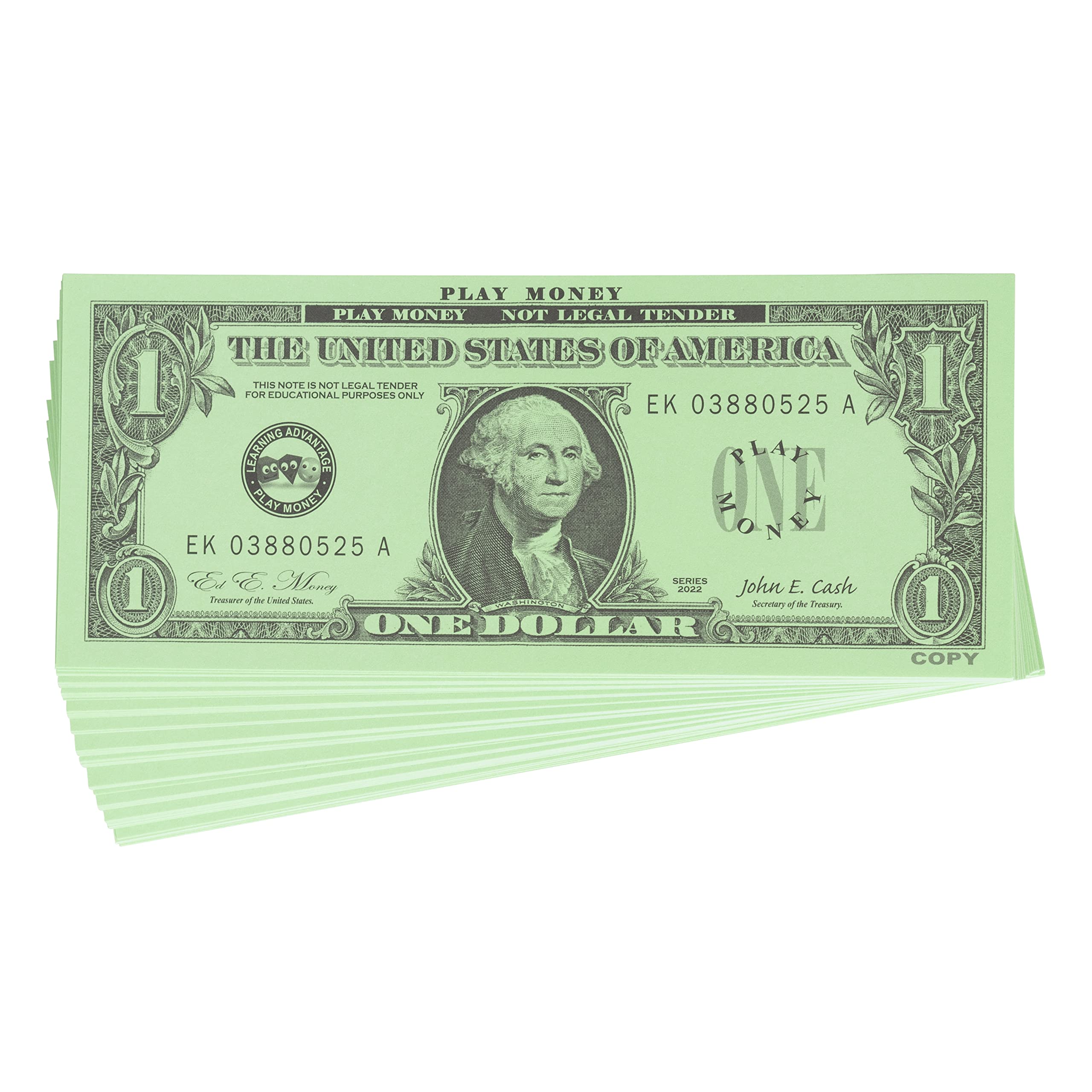 LEARNING ADVANTAGE One Dollar Play Bills - 100 $1 Paper Bills - Realistic Dollar Design and Size - Teach Currency, Counting and Math with Fake Cash