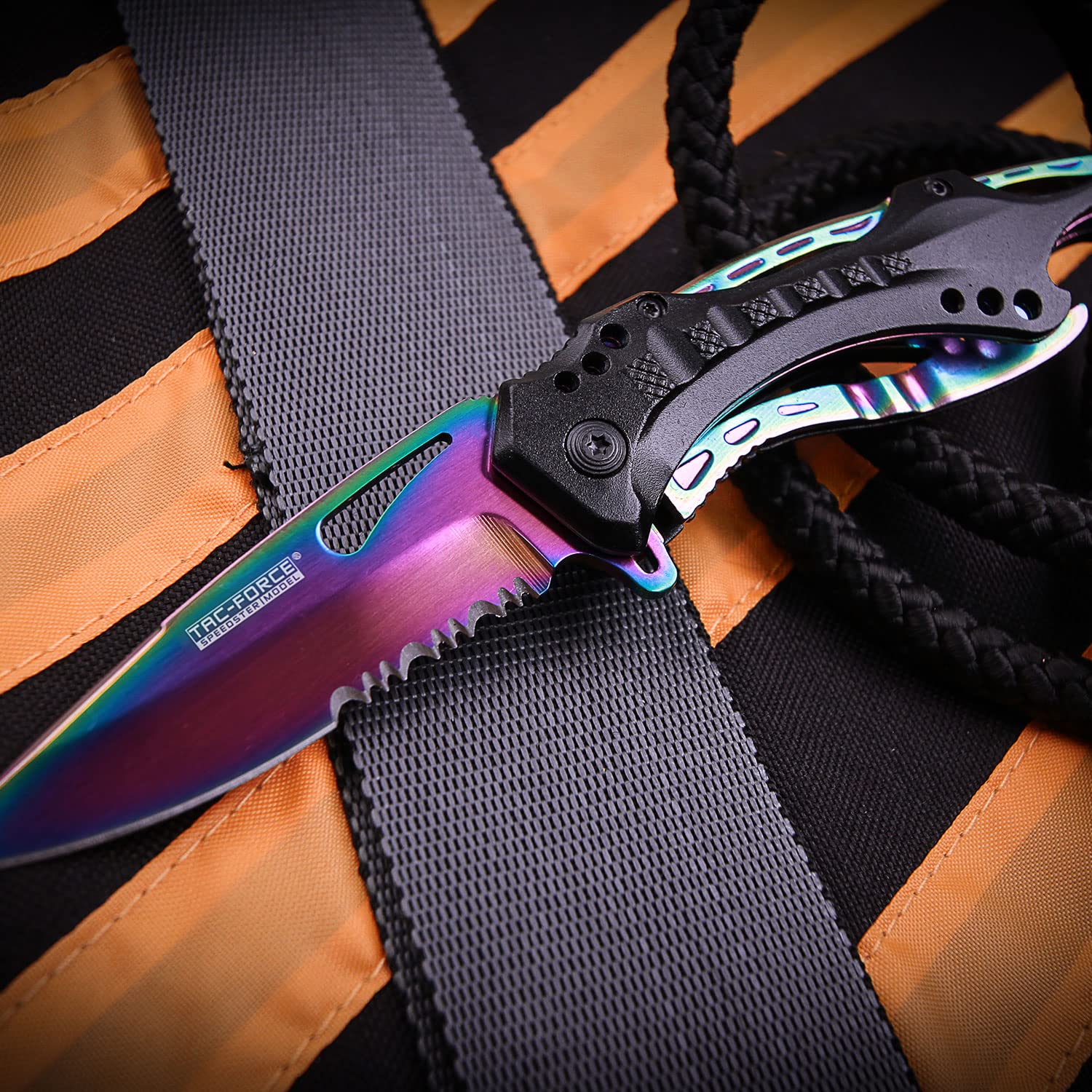 TAC Force Spring Assisted Folding Pocket Knife – Rainbow TiNite Coated Stainless Steel Blade with Black Aluminum Handle, Bottle Opener, Glass Punch and Pocket Clip, Tactical, EDC, Rescue - TF-705RB