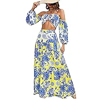 SPORLIKE Women’s two pieces Beach Dresses Shirred Crop Tube Top Ruffle Hem Flowy Maxi Skirt Set