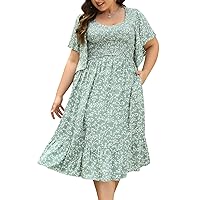 Keluummi Plus Size Parties Dresses for Curvy Women, Casual Summer Boho Floral Midi Dress with Empire Waist and Pockets