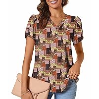 CATHY Womens Casual Summer Tops Dressy Petal Short Sleeve Chiffon Shirts Button Up V-Neck Tunic Blouses