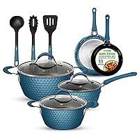 NutriChef 11 Pc Pots and Pans Set Non Stick Cookware with Ceramic Coating, Ergonomic Handles, Induction Ready, Includes Saucepan, Dutch Oven, Large & Small Fry Pans, Royal Blue