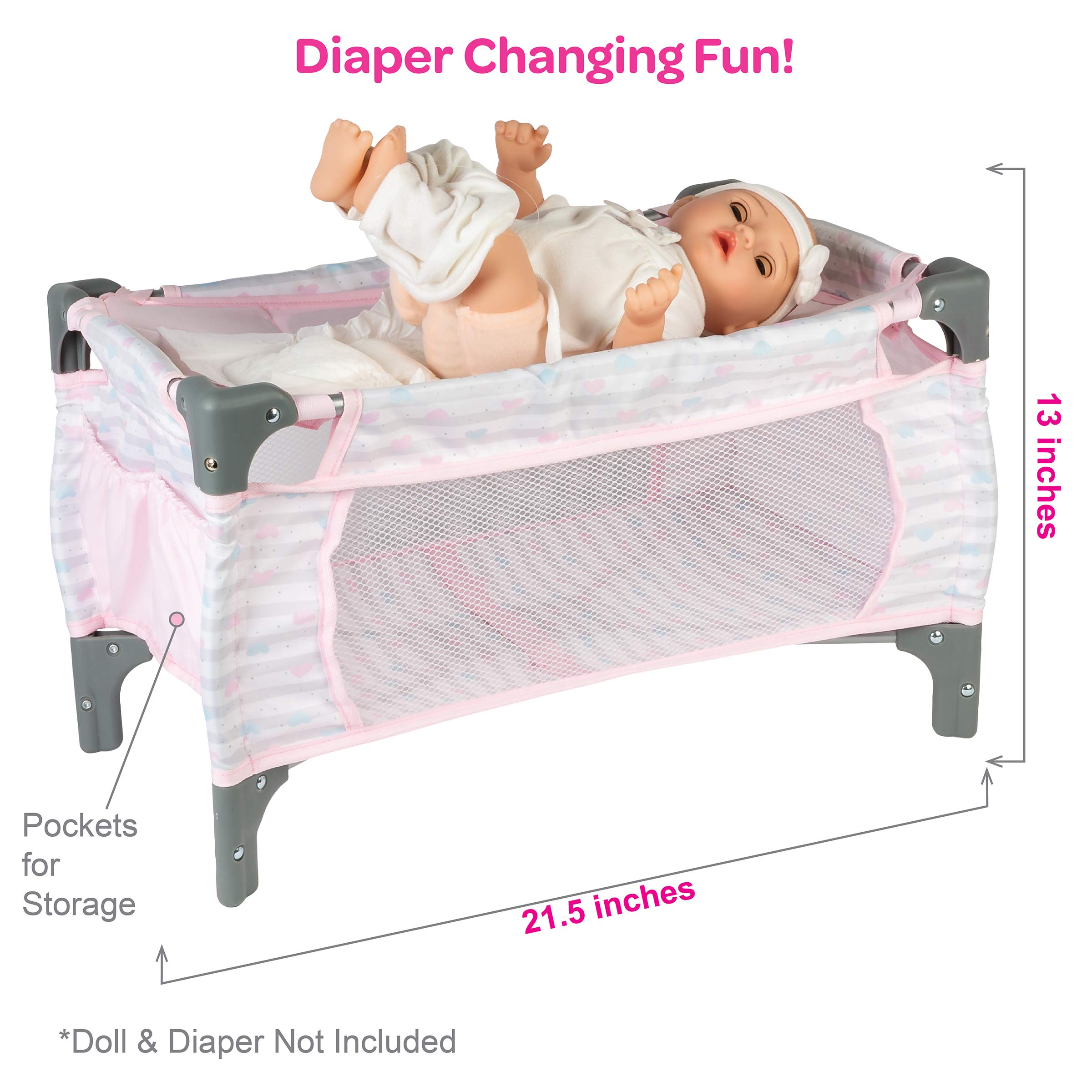 Adora Baby Doll Crib Pink Deluxe Pack N Play 7-Piece Set Fits Dolls up to 20 inches, Bed/Playpen, Changing Table, 3 Clouds and Storage Bag