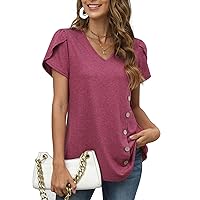 Womens Tops Petal Short Sleeve V Neck Casual Summer 2023 Trendy Shirts Tshirts Fashion Blouses Button