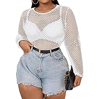WDIRARA Women's Plus Size Hollow Out Fishnet Mesh Round Neck Long Sleeve Party Club Top
