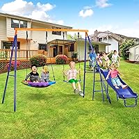 Swing Set for Backyard with Kids Slide 440lbs Swing Set with Heavy-Duty Metal A-Frame Outdoor Swing Set with 1 Saucer Swing Seat 1 Swings Seat & 1 Slide
