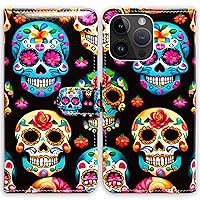 RFID Blocking Case for iPhone 15 Pro Max,Sugar Skulls Flowers Leather Flip Phone Case Wallet Cover with Card Slot Holder Kickstand for iPhone 15 Pro Max