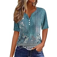 V Neck Short Sleeve Shirt for Women Button Down Henley Tunic Clothes Vacation Trendy Summer Tops for Women 2024