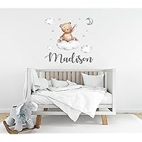 Custom Name Teddy Bear Clouds, Moon and Start Wall Decal - Watercolor Teddy Bear Wall Decal - Teddy Bear Wall Stickers - Baby boy & Girls Wall Decal for Nursery Bedroom playroom Decoration