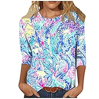 Womens 3/4 Sleeve Tops Plus Size Summer Casual 2024 Trendy Round Neck Printed Pullover Shirt Tees Blouse