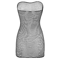 ACSUSS Womens Shiny Rhinestones Netted Sheer Strapless Lingerie Tube Dress Bodycon Mini Dress