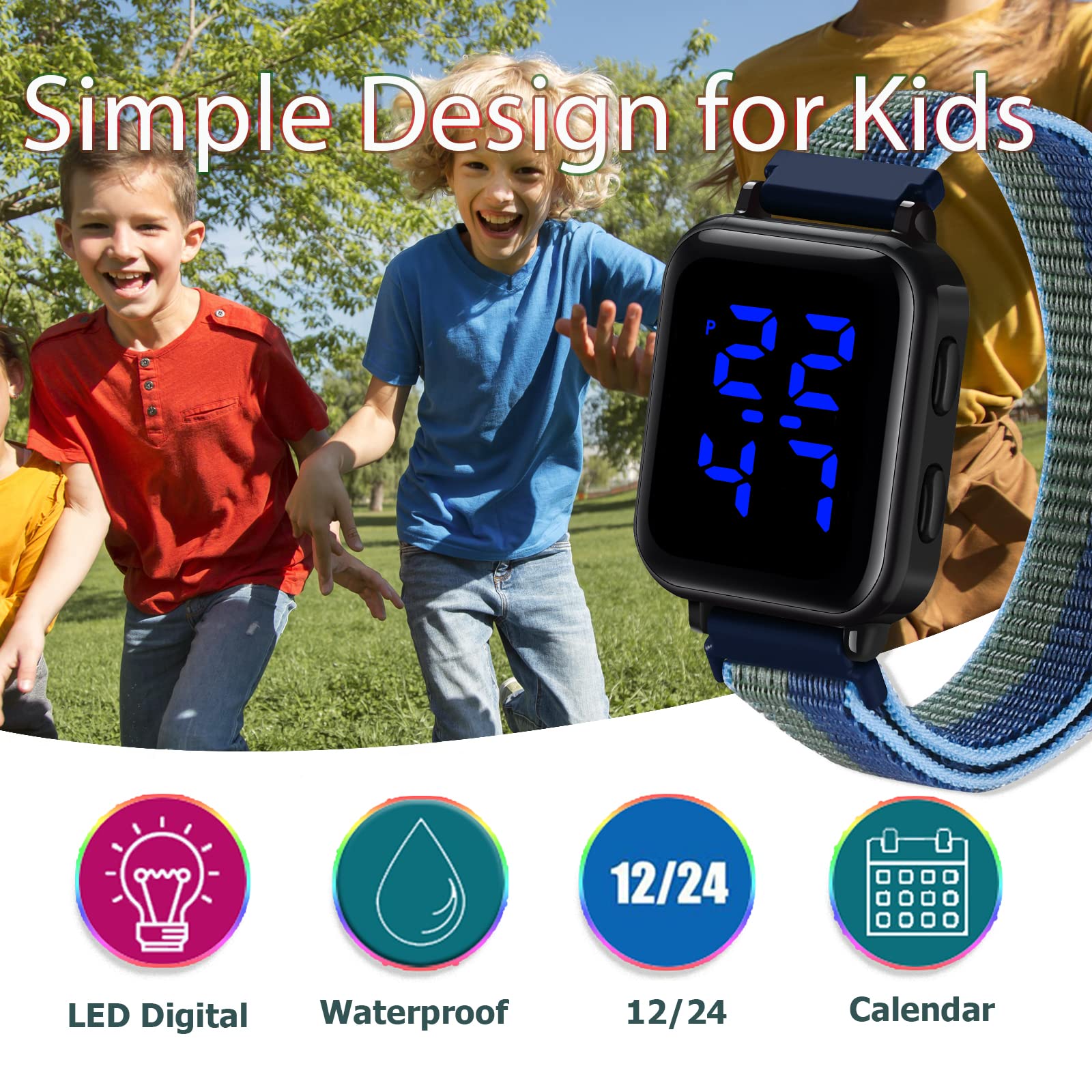 Venhoo Kids Digital Watch with Big Dial Outdoor Sport Woven Nylon Strap Electrical Wrist Watches for Little Girls Boys Ages 5-12 Years Old Child