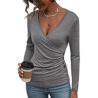 Women's Long Sleeve Deep V Neck Tops Wrap Ruched Slim Fit Shirts Button Side Blouse