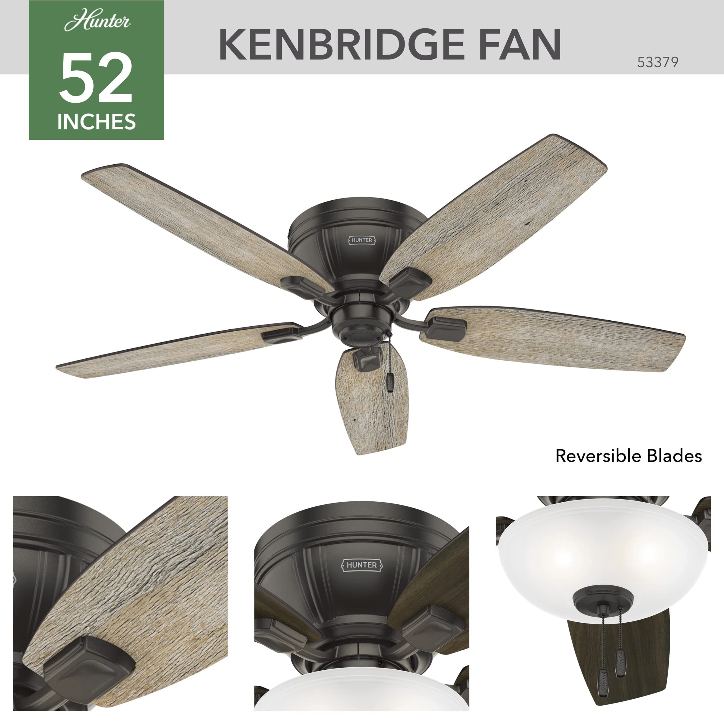 Hunter Fan Company 53379 Hunter Kenbridge Indoor Low Profile Ceiling Fan with LED Light and Pull Chain Control, Large, Noble Bronze Finish