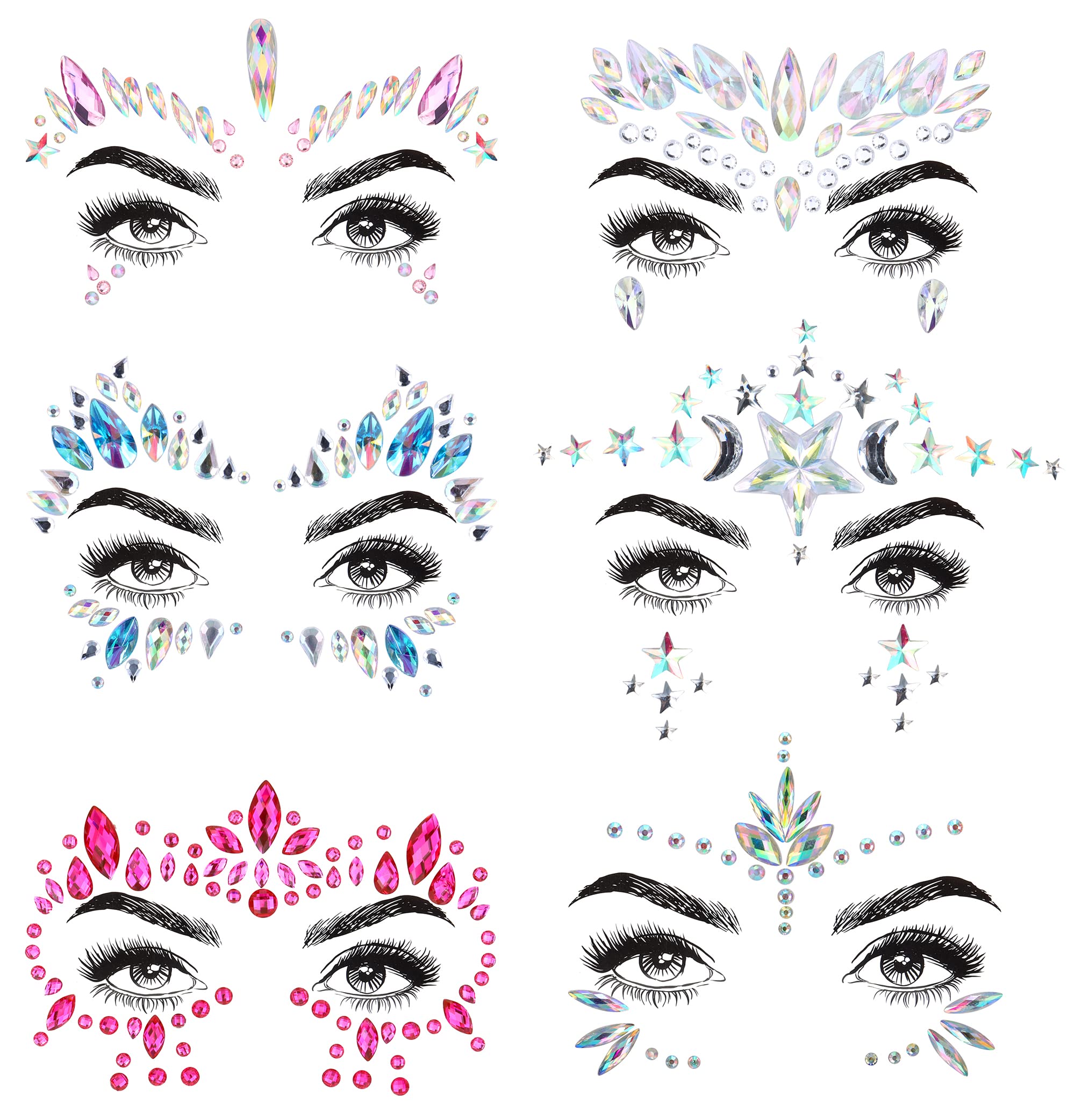 Helicopchain 6Pcs Face Gems Stickers Rhinestones Makeup Gems for Eyes Face Jewels Stick on Rave Mermaid Costume Accessories Eyes Face Body Temporary Tattoos Festival Party