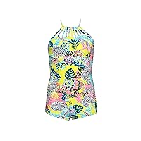 Hobie Girls' Strappy High Neck Tankini Top & Shirred Boyshort Bottom Swimsuit Set