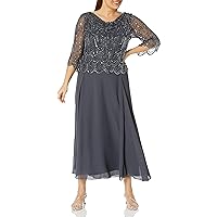 J Kara Women's 3/4 Sleeve Scallop Beaded Design Long Dress
