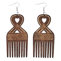 Teri's Boutique African Ethnic Wooden Carved Heart Comb Style Women Fashion Jewelry Dangle Earrings