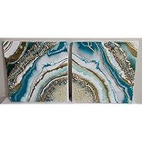 Handmade Geode Art Ocean Turquoise and Gold Epoxy Resin Painting White Canvas Home Accent Decor, Beach, Gift, Wall Art, Rectangle, Two Squares, Landscape, Portrait, 14