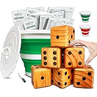 SWOOC Games - Yardzee, Farkle & 20+ Games - Light-Weight Yard Dice Game Set (All Weather) with Collapsible Bucket, 5 Big Laminated Score Cards, and Marker (Choose 2.5in or 3.5in Dice) Yard Games