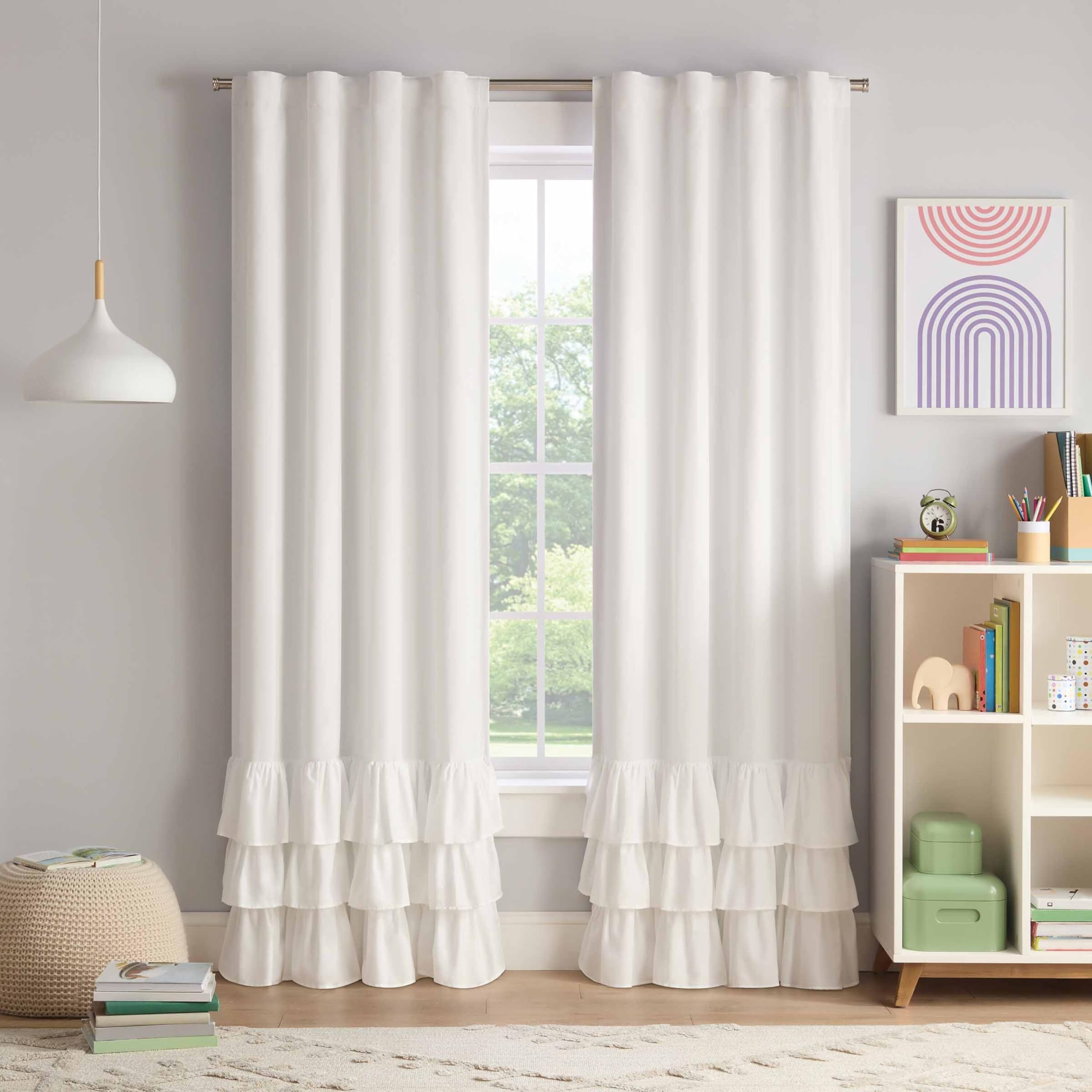 Eclipse Blackout Curtains, Tiered Ruffle Kids Curtains, 84 in x 40 in, Thermaback 100% Blackout Curtains with Rod Pocket Header, Curtains for Kids Room or Playroom, 1 Window Curtain, White