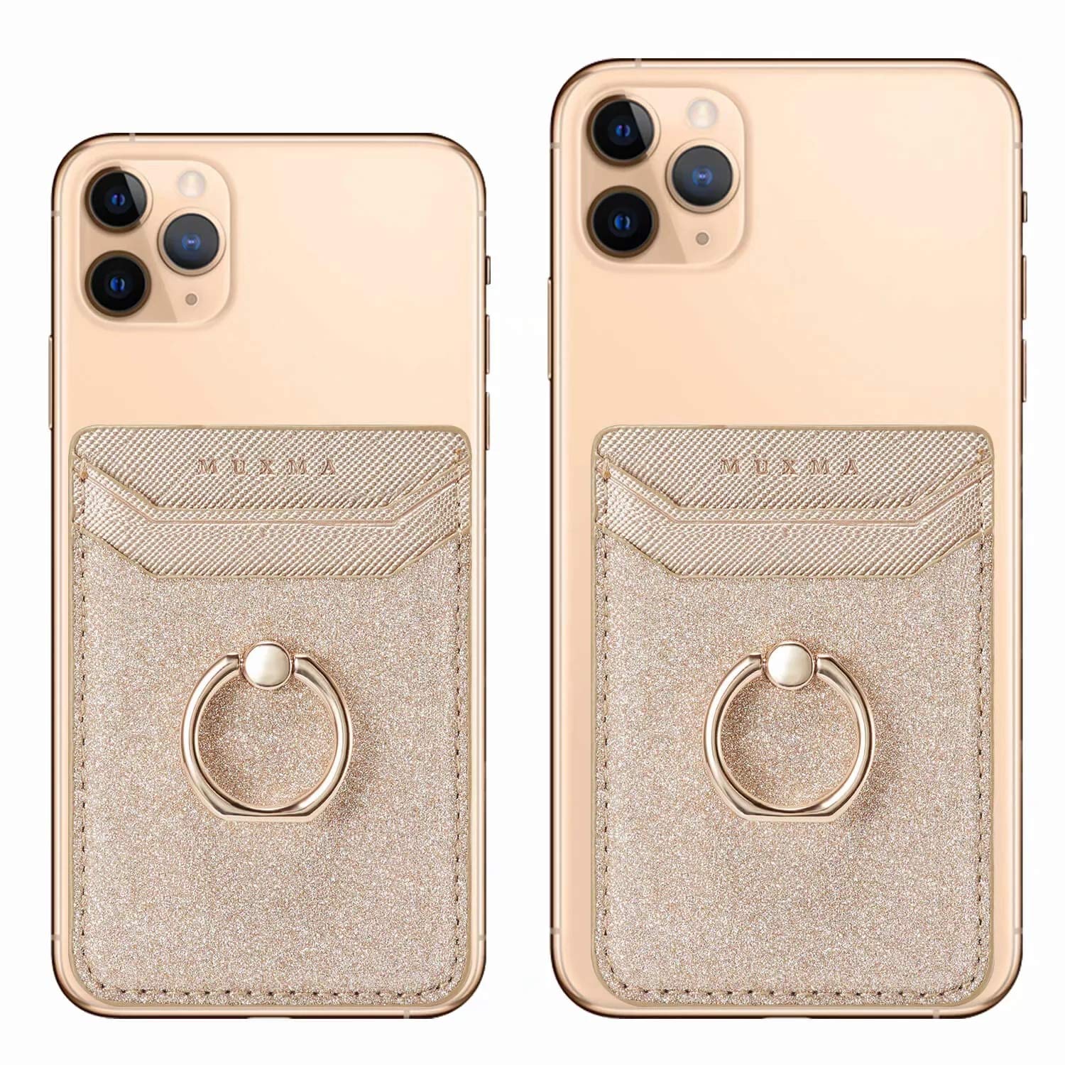 Phone Card Holder Sleeve RFID Credit Wallet with Kickstand Ring for Women, DMaos 2 Pieces Glitter Sands Wallet Stick-On Back Grip for iPhone Samsung Android and Smartphones - Pink + Gold