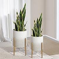 Oakrain Mid Century Planters for Indoor Plants, Set of 2, Modern Decorative Metal Pots for Living Room, Office, Garden or Balcony, Gray and White Gradient Planter with Stand, 8 inch&10 inch