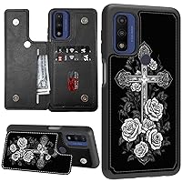 Designed for Motorola Moto G Pure Wallet Case with Card Holder Slot PU Leather Kickstand Shockproof Back Flip and RFID Blocking Cover for Moto G Pure, Cross with Roses