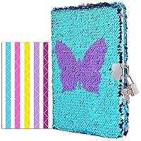 VIPbuy Magic Reversible Sequin Notebook Diary Lined Travel Journal with Lock and Key for Women Girls, Size A5 (8.5” x 5.5”), 78 Sheets (Butterfly Diary)