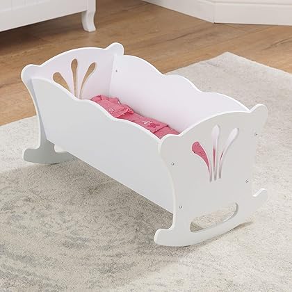 KidKraft Wooden White Lil' Doll Rocking Cradle with Pink Butterfly Pad, Blanket and Pillow for 18-Inch Baby Dolls Gift for Ages 3+