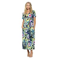 Jostar Women's Print Long Dress - Short Sleeve V-Neck Casual Printed Soft Flowy One Piece with Pockets