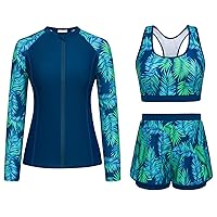 JASAMBAC Women's 3 Piece Rash Guard Long Sleeve Swimsuits with Boyshorts Zip Up UPF 50+ Swim Shirt Built in Bra