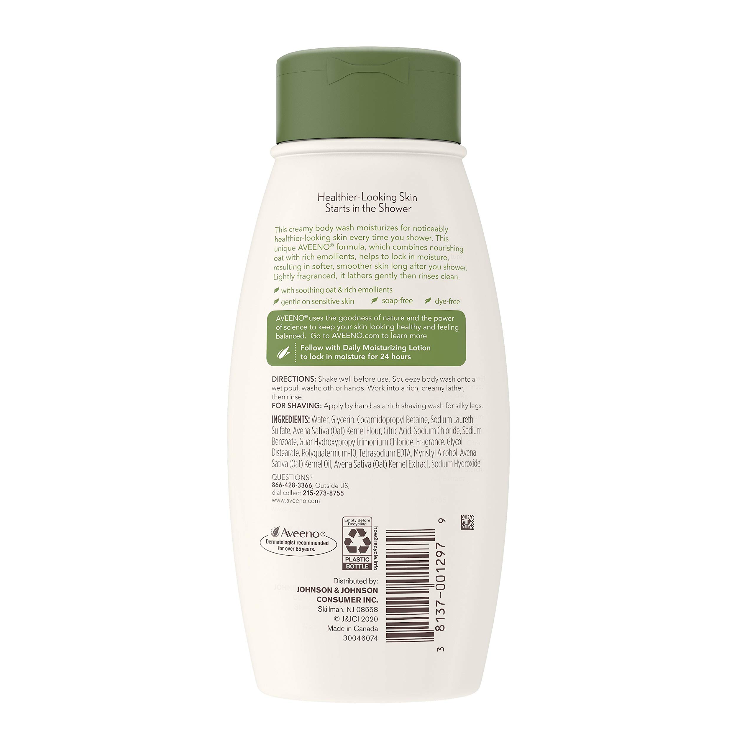 Aveeno Daily Moisturizing Body Wash for Dry Skin with Soothing Oat ; Rich Emollients, Creamy Shower Cleanser, Gentle, Soap-Free and Dye-Free, Light Fragrance, 18 fl. oz.