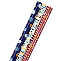 Hallmark Birthday Wrapping Paper Bundle with Cut Lines on Reverse (3-Pack: 55 sq. ft. ttl.) Bright and Holographic Prints and Patterns in Red, Blue, Yellow, White and More
