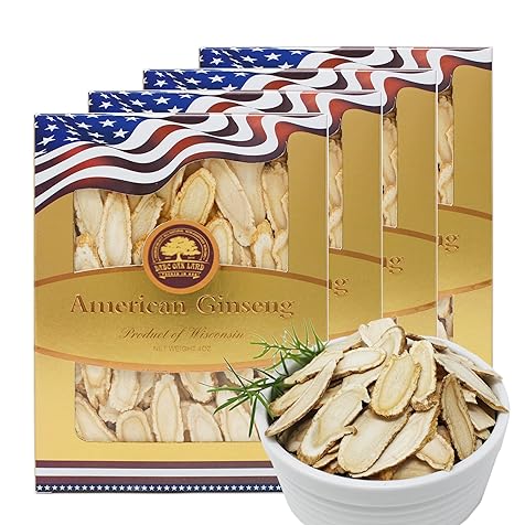 American Ginseng Slices from Wisconsin (Sliced Ginseng Root）Wisconsin Grown!Most People Use It to Make Ginseng Tea! Good for Health! (American Ginseng Slices (Long Strip), 4 Boxes of 1 Pound)