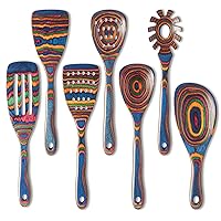 Gudamaye Pakkawood 7-Piece Blue Wooden Cooking Utensils, Wooden Spoons for Cooking, Wooden Spoon Set, Wooden Kitchen Utensil set, Pakkawood Cooking Spoons- Non-Stick Spoon, Home & Kitchen Gifts