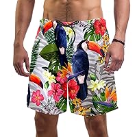 Tropical Flowers and Toucan Men's Swim Trunks Quick Dry Beach Shorts with Pockets