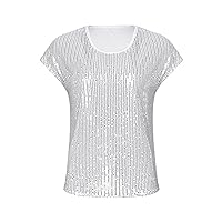 iiniim Womens Sparkly Tee Shirt Blouse Sequins Tops Cap Sleeve Round Neck T-Shirt for Nightclub Party