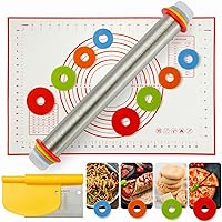 Rolling Pin, Rolling Pins Thickness Rings and Silicone Baking Pastry Mat Set, Stainless Steel Dough Roller Rolling Pins for Baking & Bench Scraper For Pizza, Cookies, Pie, Pasta, Pastries