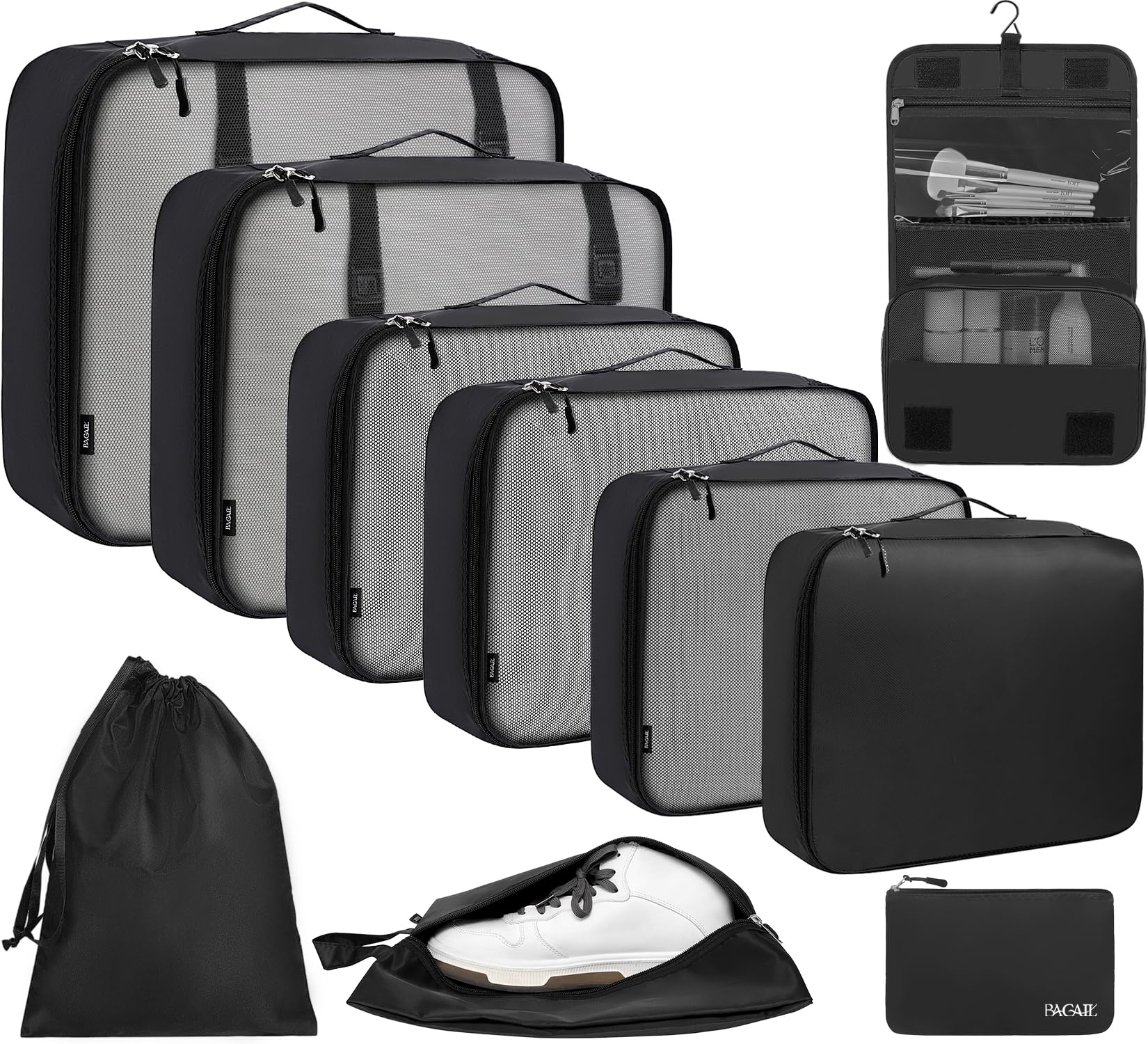 BAGAIL 10 Set Packing Cubes Various Sizes Packing Organizer for Travel Accessories Luggage Carry On Suitcase-Black