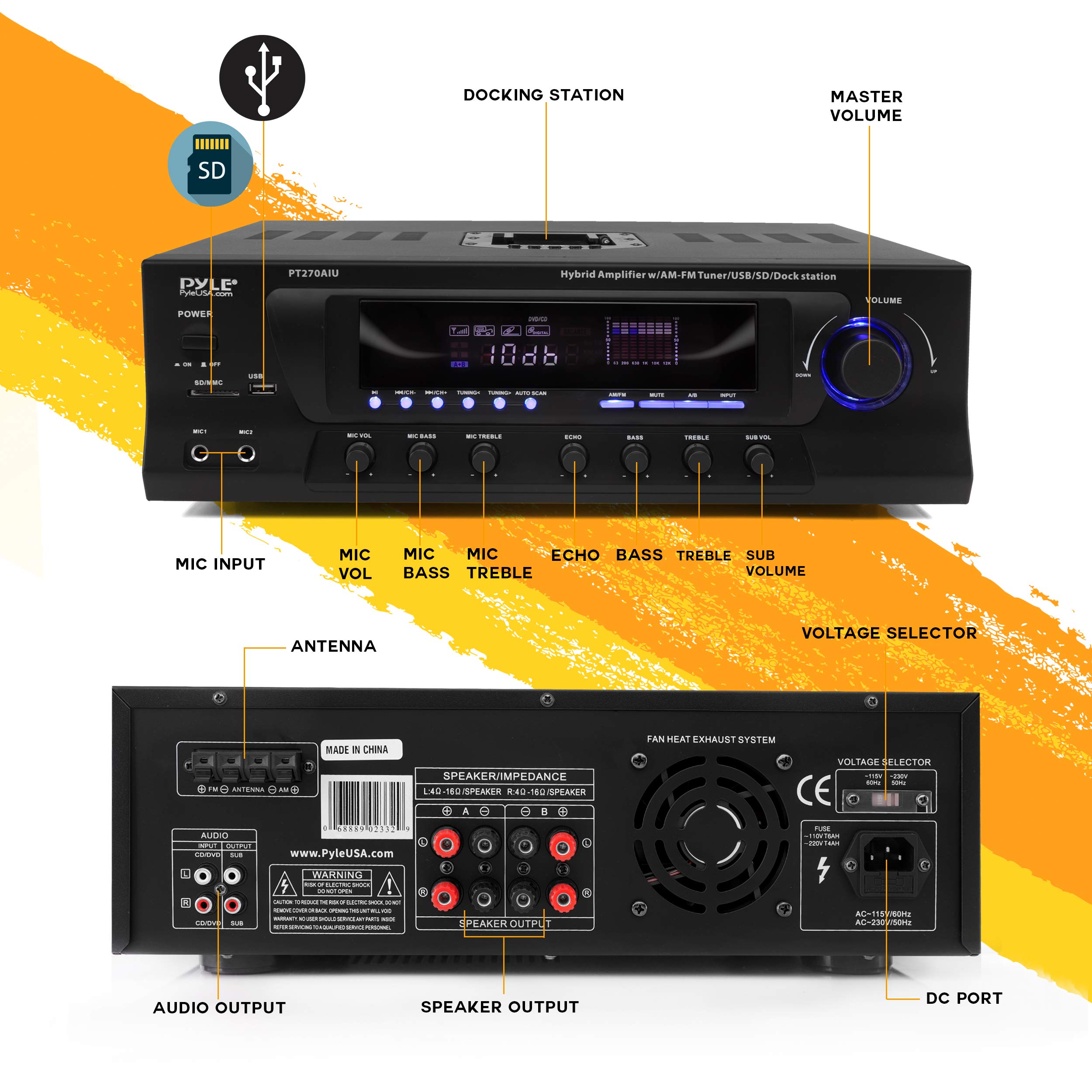 Pyle Home 300W Digital Stereo Receiver System - AM/FM Qtz. Tuner, USB/SD Card MP3 Player & Subwoofer Control, A/B Speaker, IPhone MP3 Input with Karaoke, Cable & Remote - PT270AIU