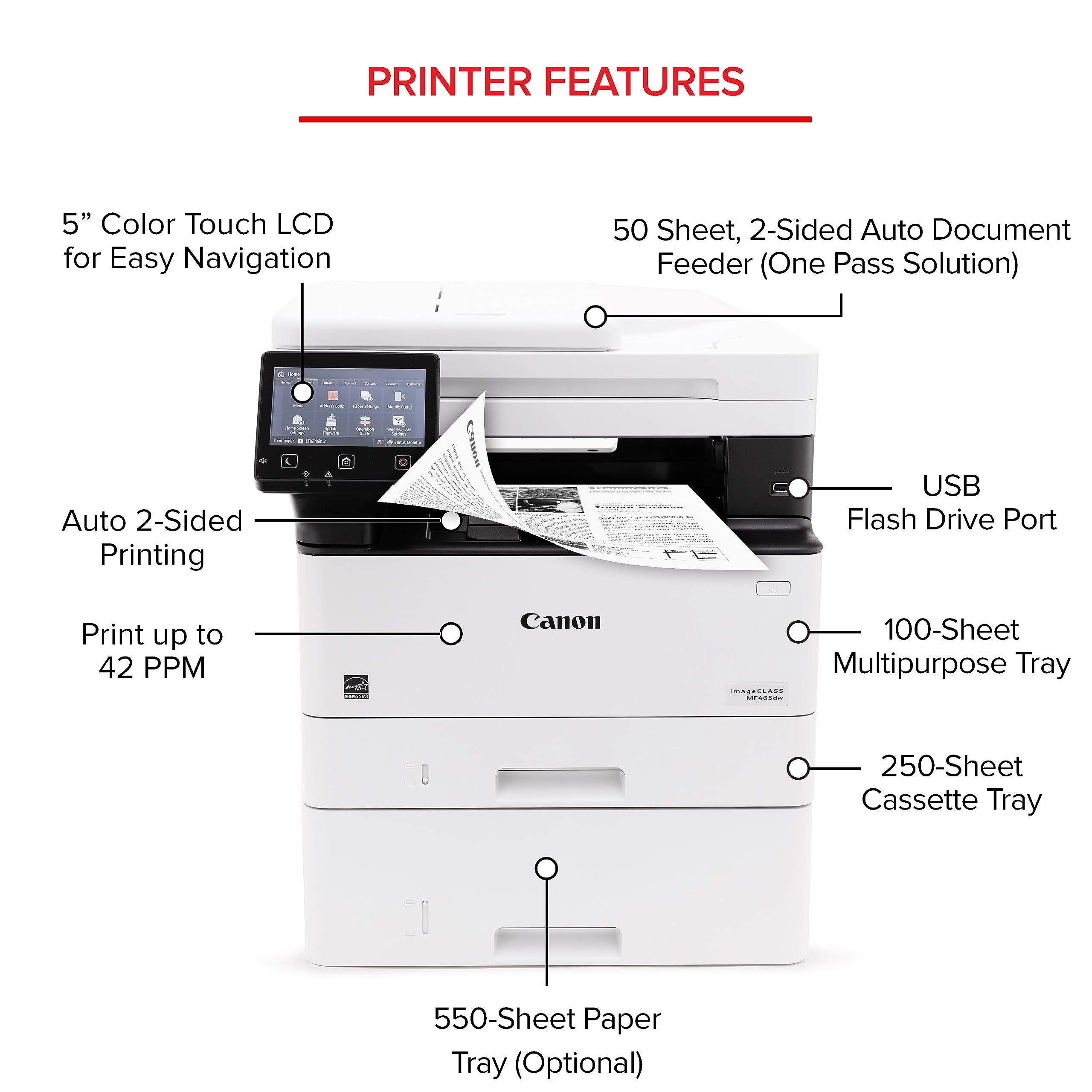 Canon imageCLASS MF465dw - All in One, Wireless, Mobile Ready, Duplex Laser Printer with Expandable Paper Capacity and 3 Year Limited Warranty,White