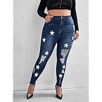 Women's Plus Size Jeans Plus Star Print Ripped Raw Cut Skinny Jeans (Color : Dark Wash, Size : XX-Large)