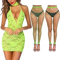 Avidlove Fishnet Stockings Footless and Lace Lingerie Dress(Neon Green and Yellow, M)