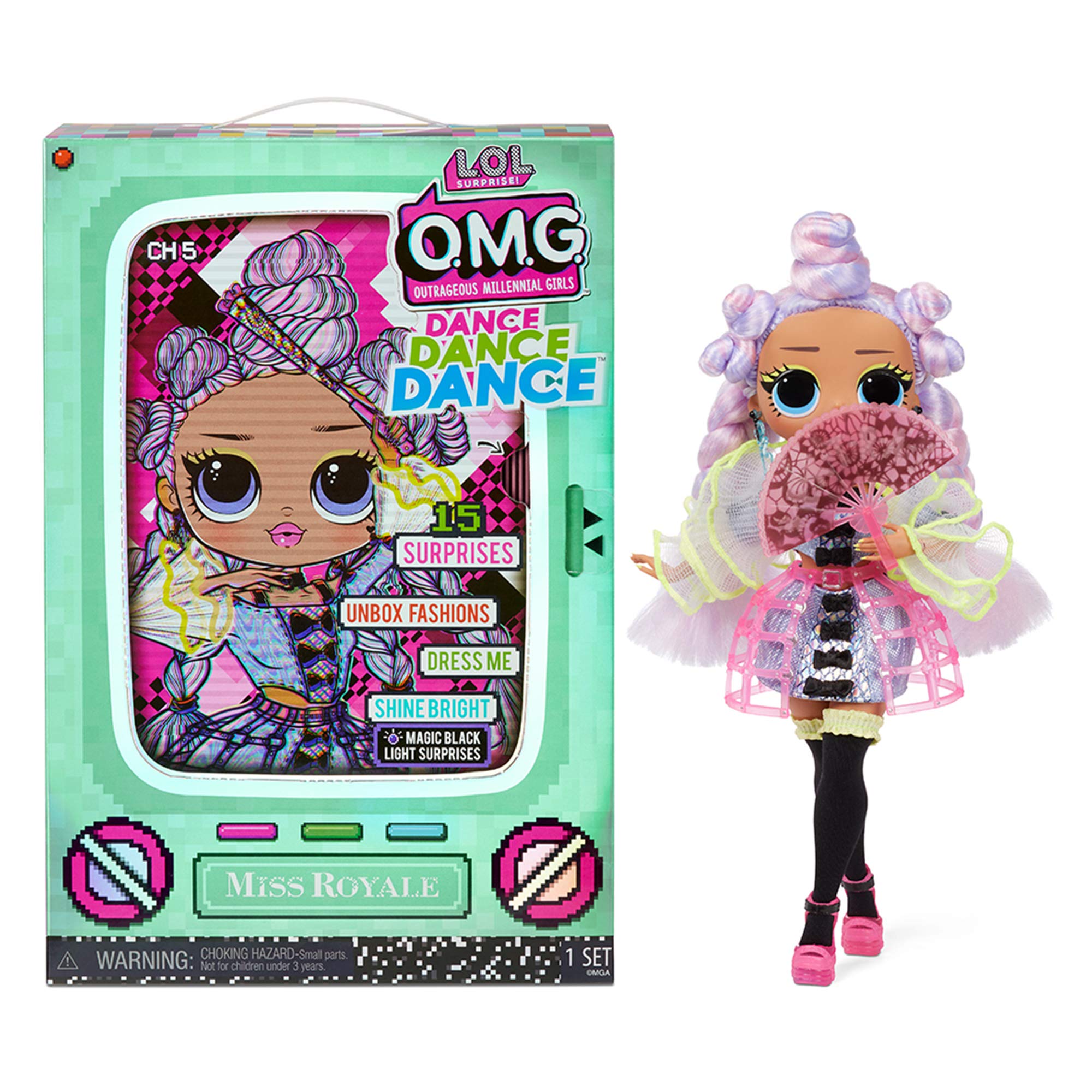 L.O.L. Surprise! OMG Dance Miss Royale Fashion Doll with 15 Surprises Including Magic Black Light, Shoes, Hair Brush, Doll Stand and TV Package - Great Gift for Girls Ages 4+