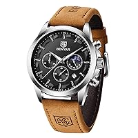Benyar Men's Watches Chronograph Alnalogue Quartz Watch for Men Leather Strap Herien Fashion Business Sport Design 30 m Waterproof Elegant Gift for Man