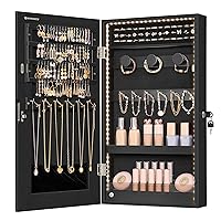 SONGMICS Mirror Jewelry Cabinet Armoire with Built-in LED Lights, Wall or Door Mounted Jewelry Storage Organizer, 3.8 x 14.6 x 26.4 Inches Hanging Mirror Cabinet, Gift Idea, Black UJJC050B01
