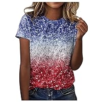 Women Independence Day Theme Print Short Sleeve T Shirts Crew Neck Striped Tops Lightweight Cute Blouse Tees