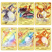 6Pcs Charizard Vmax Metal Gold Plated Cards,Vmax DX GX Ultra Rare Cards Metal Card,Rare Shiny Rainbow Gold Card,Limited Supply, Best Gift for Collectors, Kids